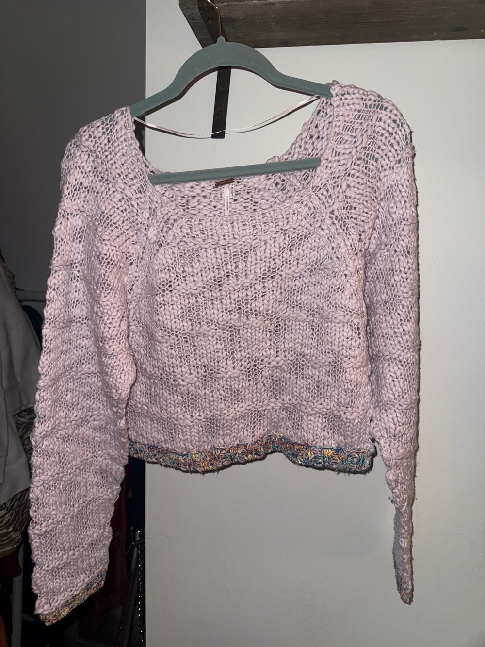 Free People cream Scoop Neck Cropped Sweater with Multicolor Hem